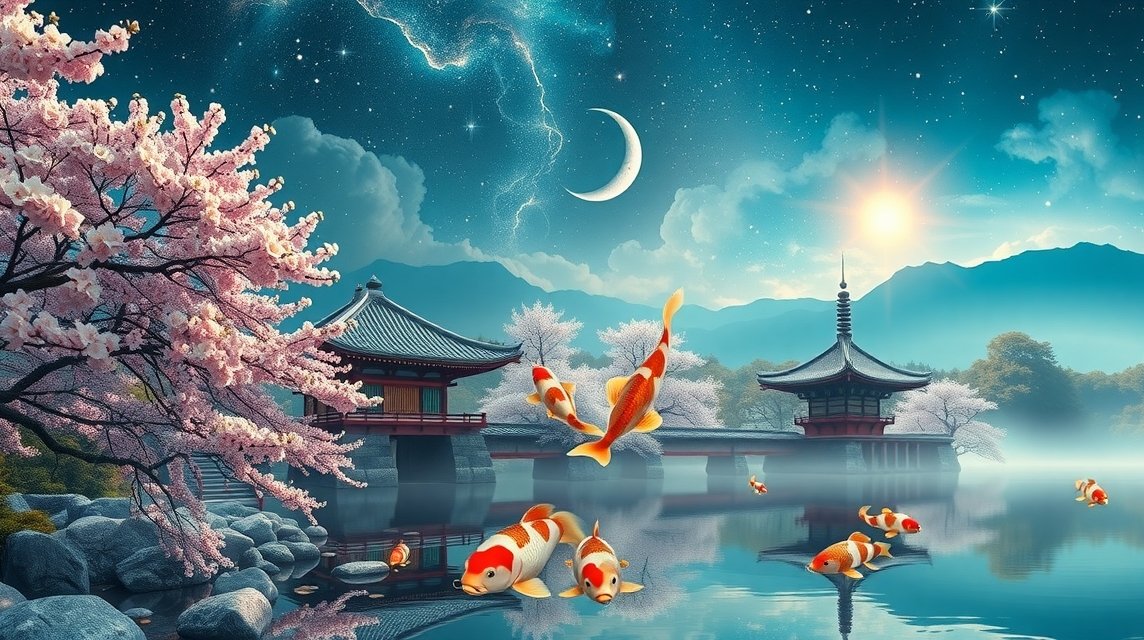 Japán táj, sakura fák és koi halak álomfejtéshez.