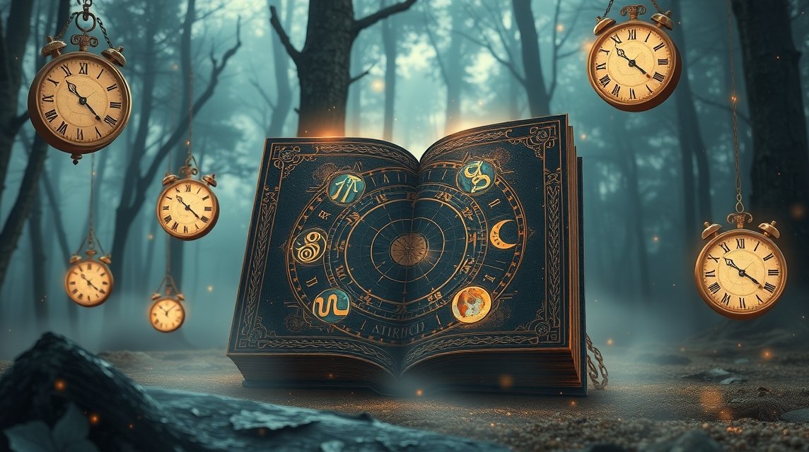 Nyitott könyv álomfejtésről, asztrológiai szimbólumokkal és órákkal.
