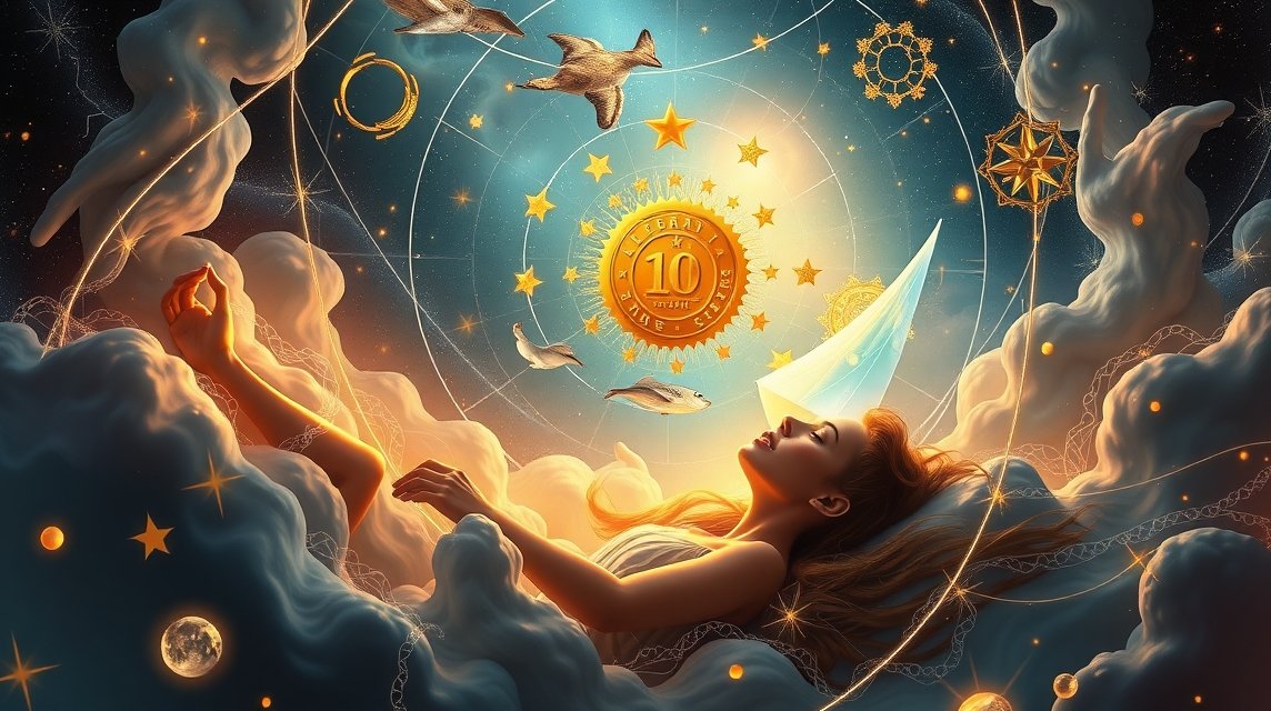 Álmodozó nő a csillagok és jelvények között, álomfejtés szimbólumai.