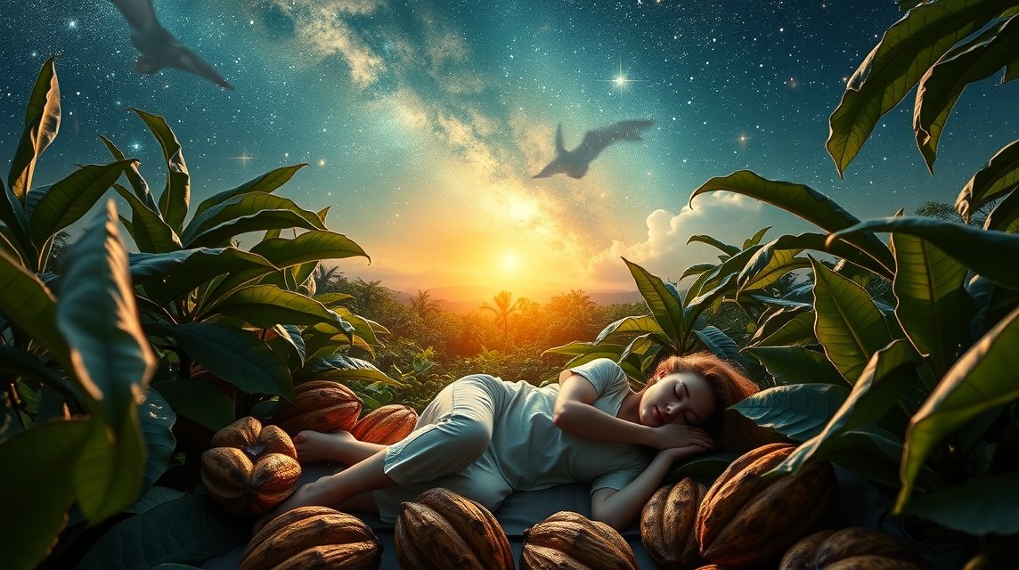 Álmodó nő kakaóbabok között a trópusi tájban, csillagos ég alatt.