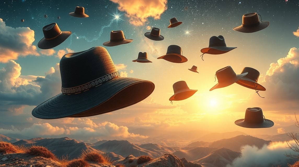 Hats floating in a dreamlike sunrise landscape.