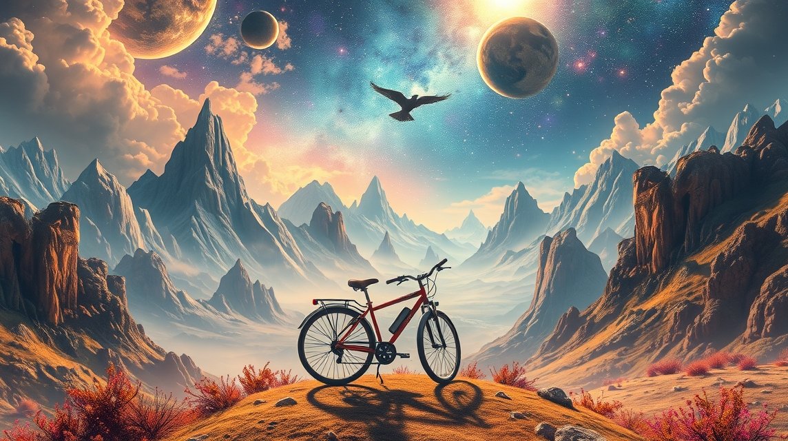 Kerékpár és hegyvidék a csillagok alatt, álmok és utazások szimbólumaként.