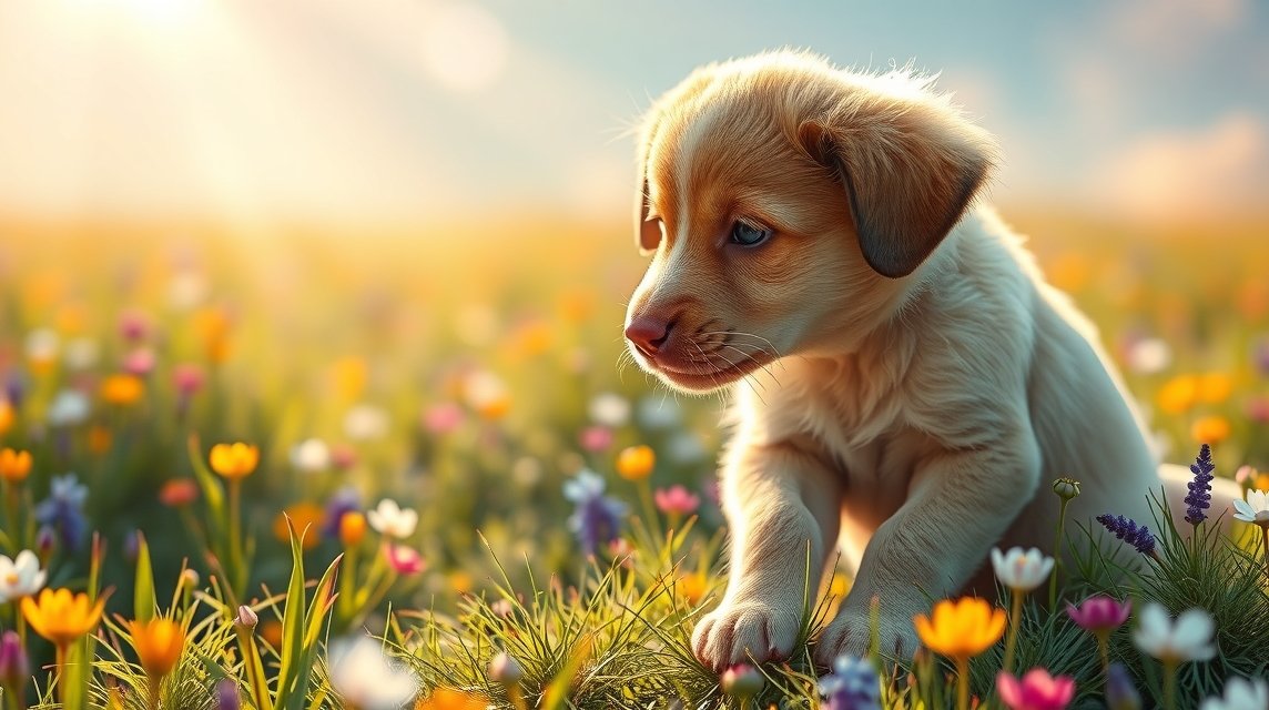 Kiskutya virágmezőn játszik, árnyékos háttérben.