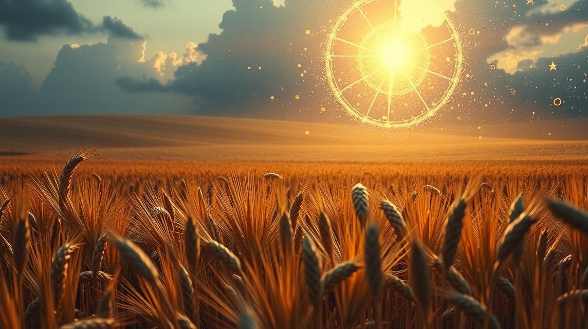 Napfény átszűrődik egy búzatáblán, álomfejtéshez kapcsolódó szimbólumok.