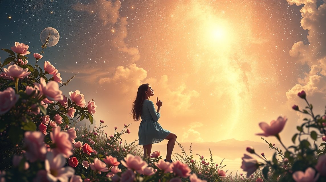 Nő egy virágos mezőn, álmodozva az ég alatt.