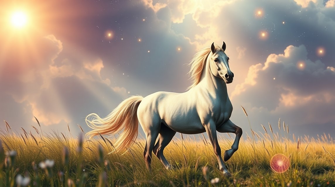 Fehér ló egy gyönyörű mezőn naplementében