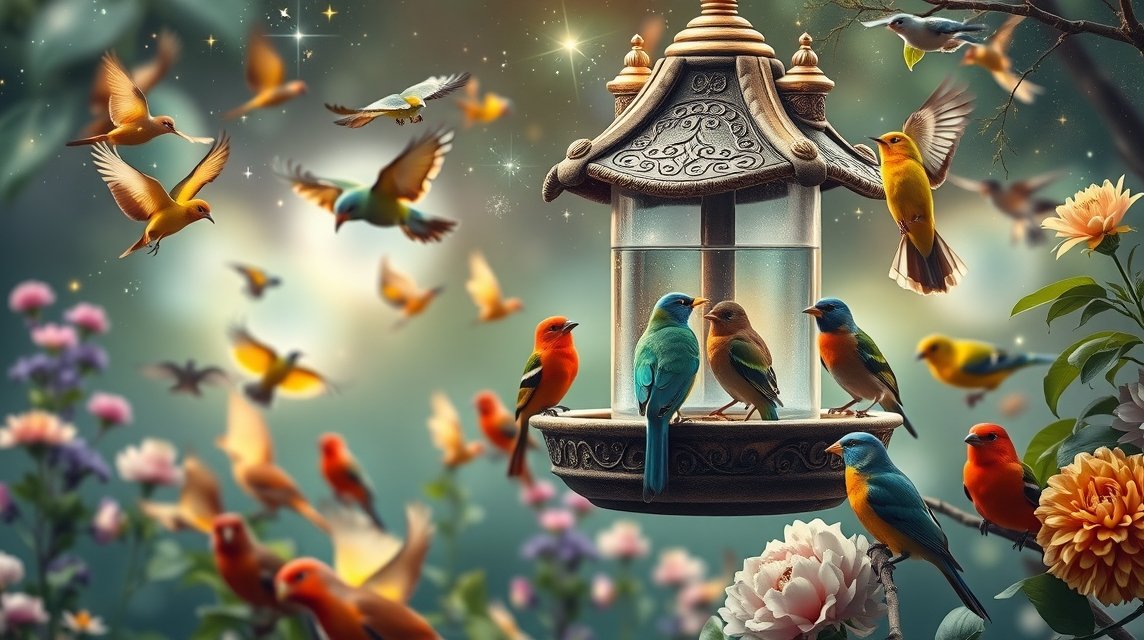 Színes madarak madáretetőnél virágokkal és varázslatos háttérrel.