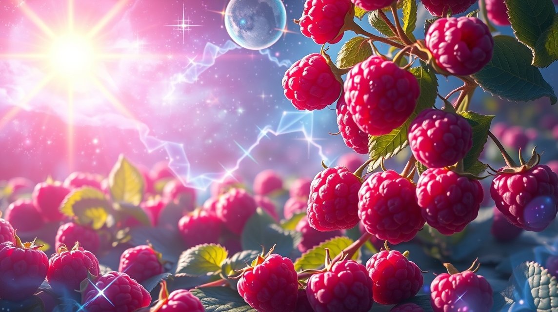 Málna cserjék a napfényben, színes és álomszerű környezetben.