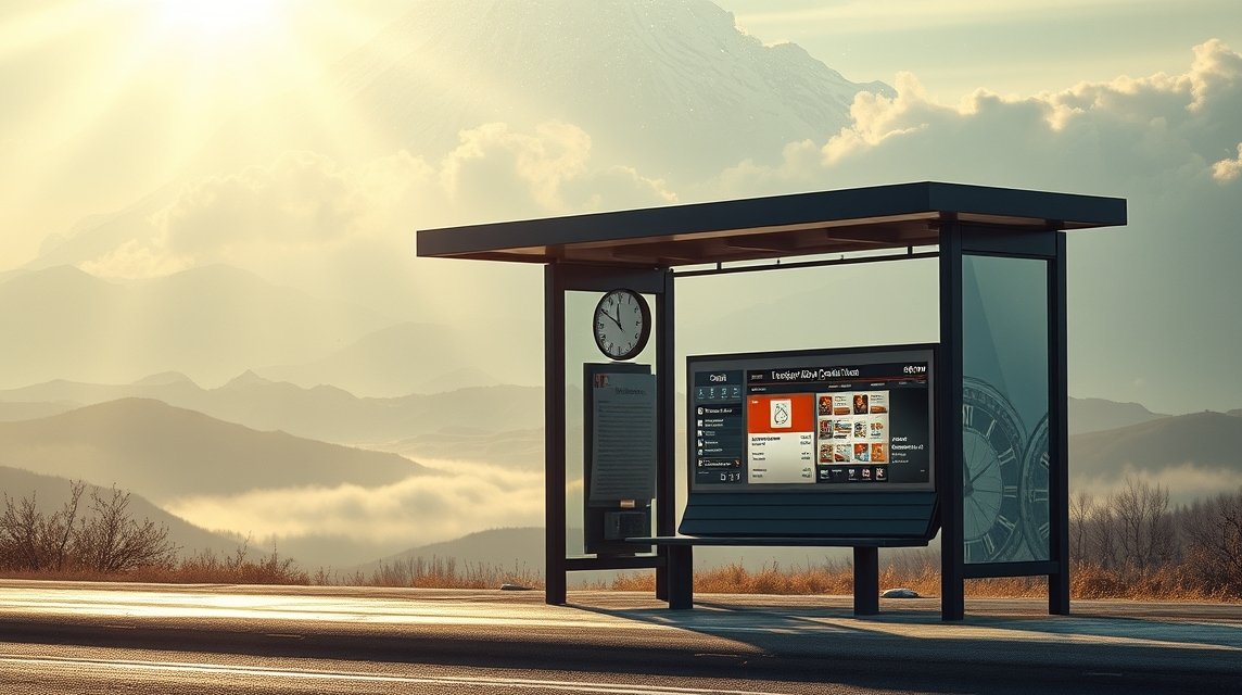 Egy megálló naplementében, hegyekkel a háttérben.