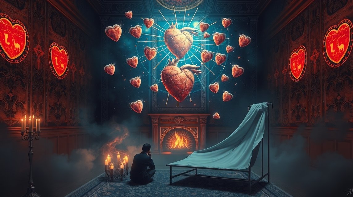 Álomszerű jelenet megcsalásról alkotott képpel és szív motívumokkal.