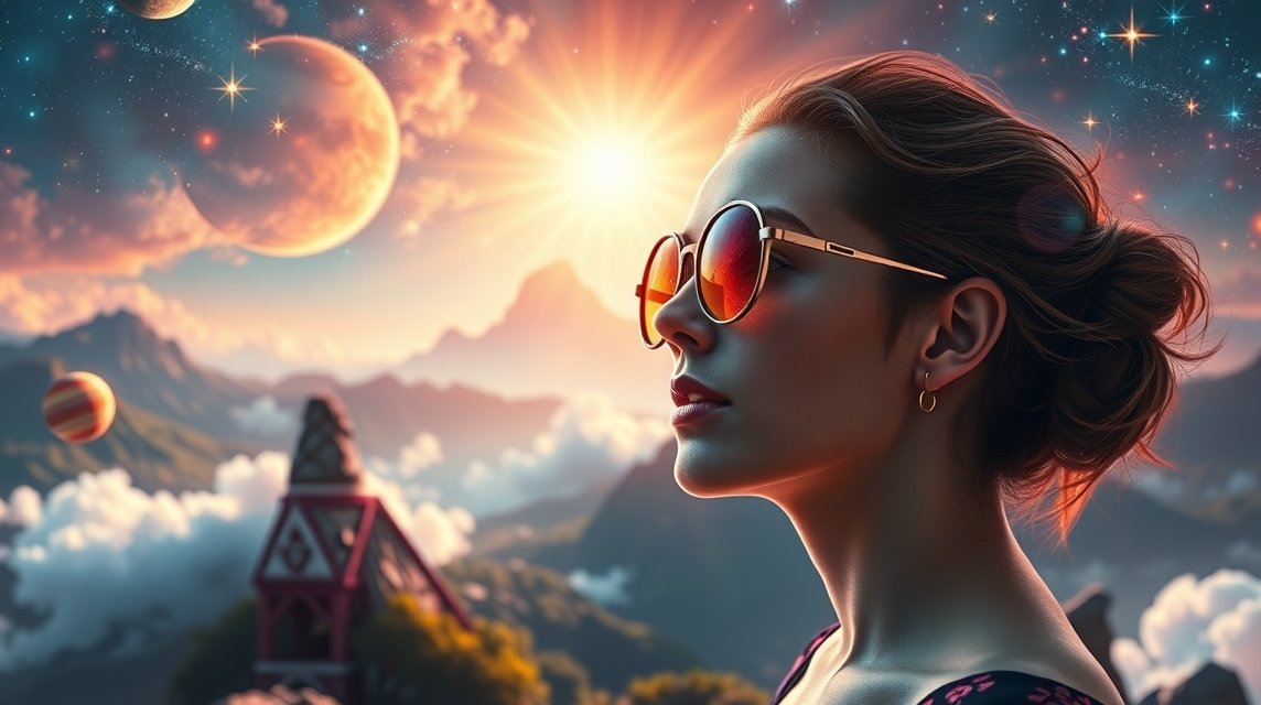 Napszemüveggel álmodó nő egy varázslatos tájban