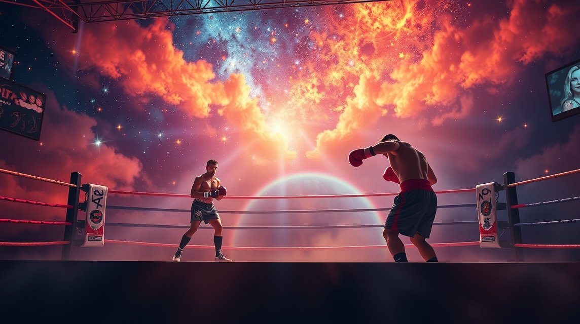 Két ökölvívó harcol a ringben, háttérben csillagos égbolt.
