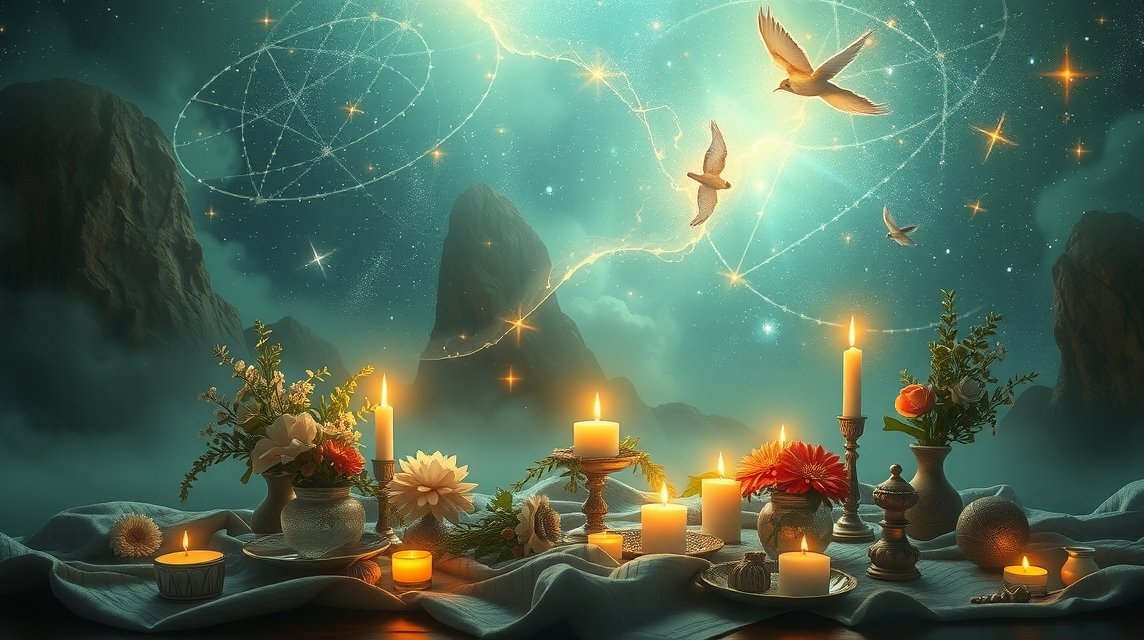 Békés oltár gyertyákkal, virágokkal és csillagos háttérrel