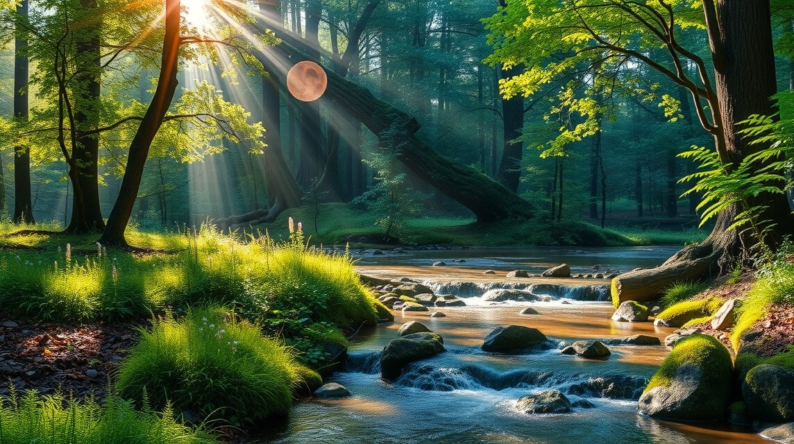 Tiszta patak napfényben az erdő mélyén, békés és szimbolikus táj.