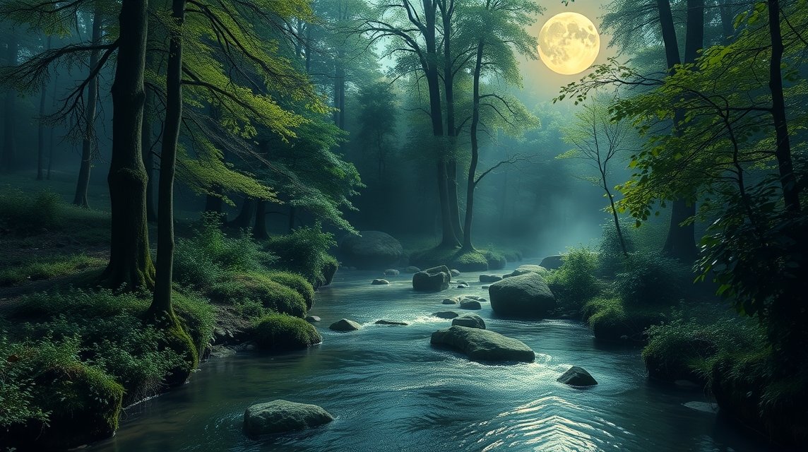 Tiszta patak a folyóparton, erdőben, holdfénynél