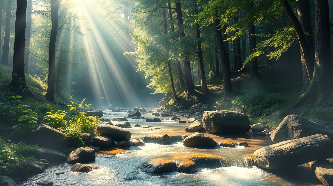 Patak és erdő napfényben, áramlás jelképe az álomfejtésben.