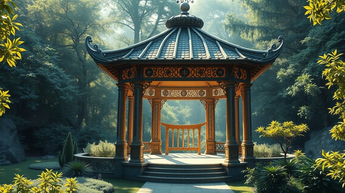 Mit jelent pavilonnal álmodni? – Részletes álomfejtés és értelmezés. Gyönyörű pavilon csendes, zöld környezetben álomfejtéshez.