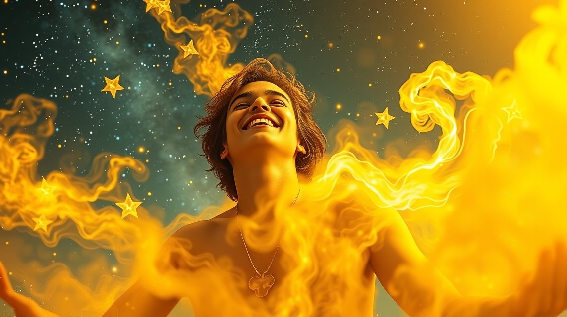 Sárga színnel álmodó fiatal fiú, öröm és energia kifejezve.