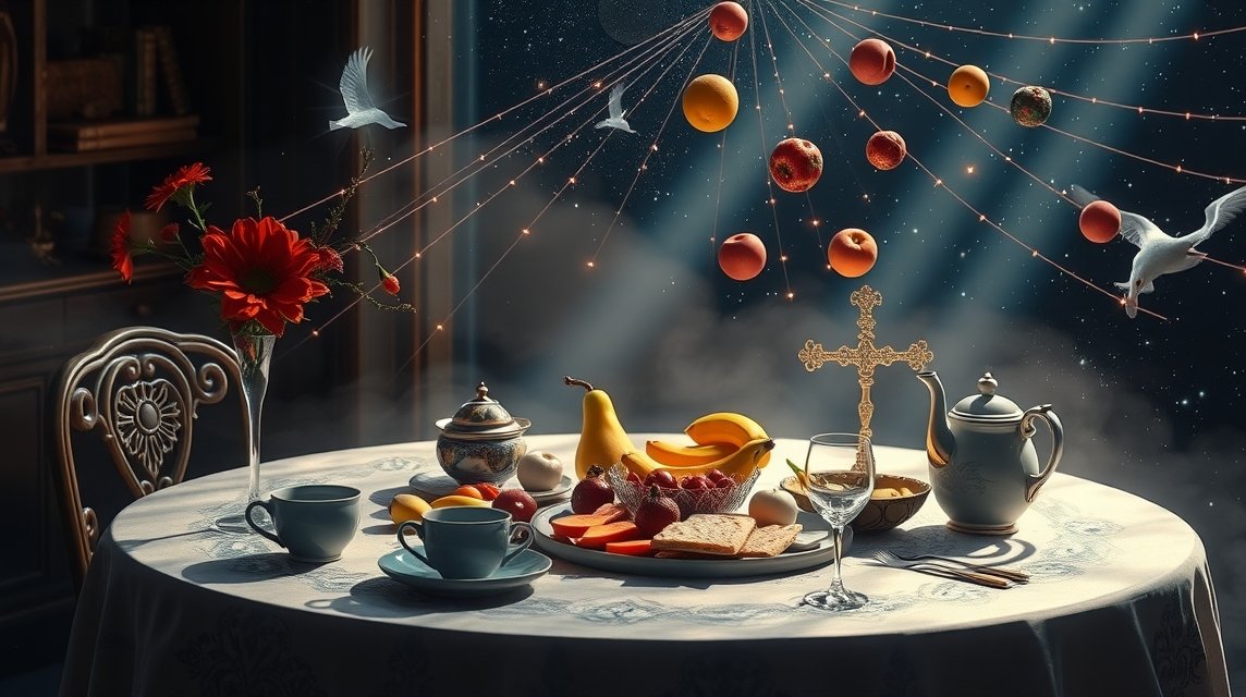 Álomfejtés tízórai asztal, gyümölcsök és virágok.