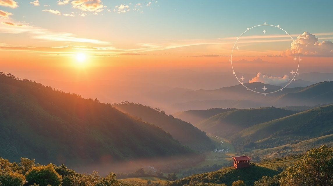 Napkelte egy gyönyörű hegyi tájban, amely újrakezdést szimbolizál.