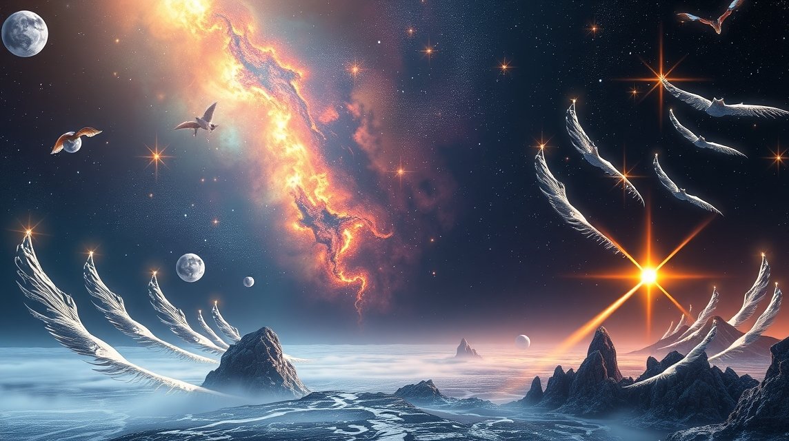 Álomszerű táj, harci szárnyakkal és galaktikus háttérrel.