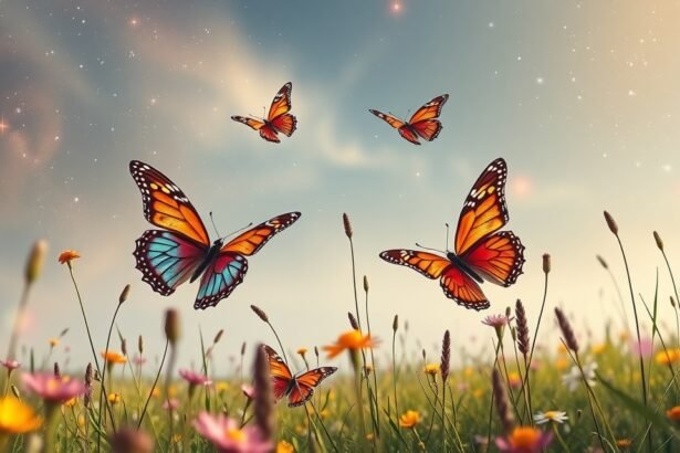 Pillangók színes mezőn, a változás szimbóluma.