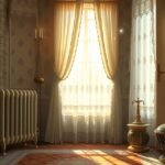 Harmonikus szoba radiátorral, napfényben, meleg érzéseket keltve.