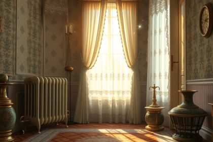 Harmonikus szoba radiátorral, napfényben, meleg érzéseket keltve.