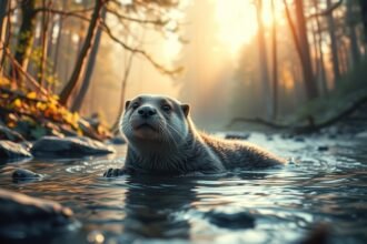 Vidra a vízben, szürkületben, erdő mellett.