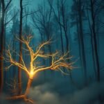 Fénylő fa a sötét erdőben, álomfejtés szimbólum