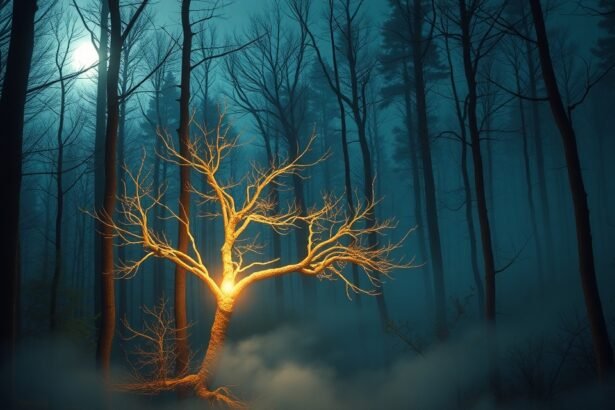 Fénylő fa a sötét erdőben, álomfejtés szimbólum