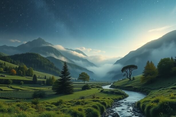Békés völgy látványa csillagok alatt egy álomban