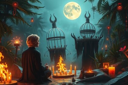 Vuduval álmodni: spirituális álomfejtés tűz és lámpás háttérrel.