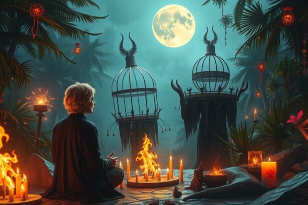 Vuduval álmodni: spirituális álomfejtés tűz és lámpás háttérrel.