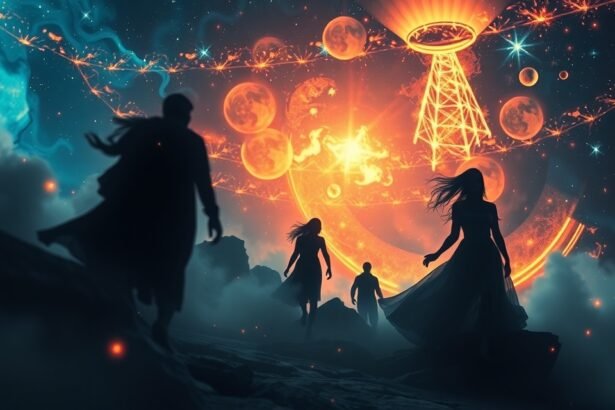 Zavartan álmodó alakok a kozmikus háttérben, zaklatás szimbólumai.