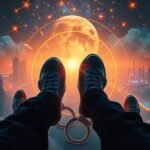 Egy ember lábai bilincsben, a város fölött, álomképek a háttérben.