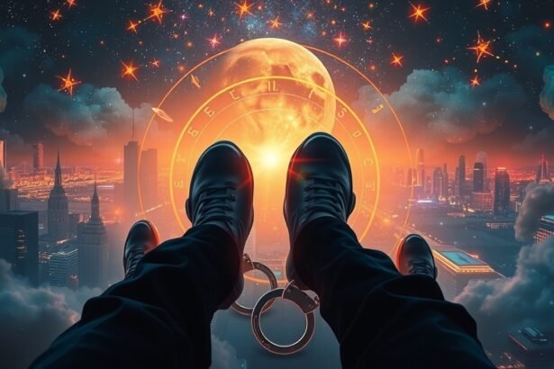 Egy ember lábai bilincsben, a város fölött, álomképek a háttérben.