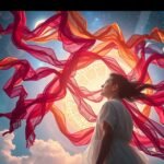 Álmodozó nő színes rongyokkal a csillagos ég alatt.