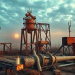 Rozsdás ipari berendezések a naplementében