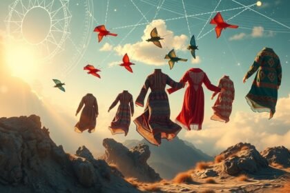 Álomszerű ruhák lebegnek a napfényben kék égen.