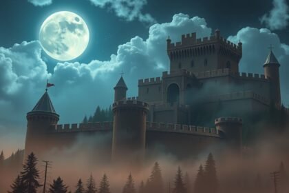 Éjszakai kastély sánccal a holdfényben, álmok és szimbolika.