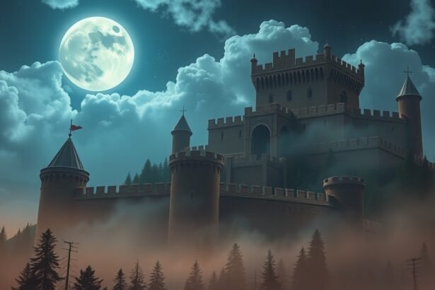 Éjszakai kastély sánccal a holdfényben, álmok és szimbolika.