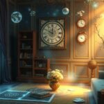 Álomszoba sarokkal, órával és világító elemekkel.