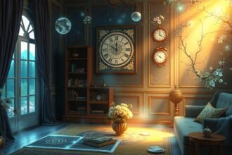 Álomszoba sarokkal, órával és világító elemekkel.