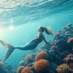 Sellő az óceán mélyén, korallok között úszva.