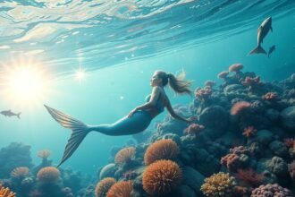 Sellő az óceán mélyén, korallok között úszva.