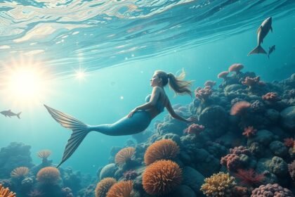 Sellő az óceán mélyén, korallok között úszva.