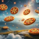 Pizzák lebegnek a felhők felett egy csillagos ég alatt