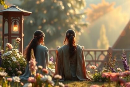 Két nő a virágok között, álmodozva a családi kapcsolatok jelentéséről