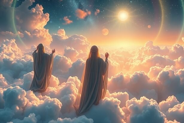 Álmodozó alakok a felhők között naplementében